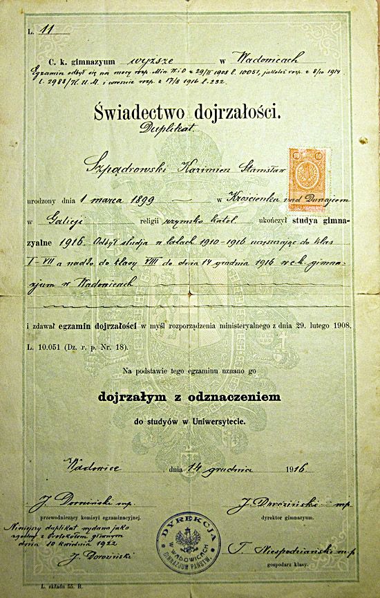Kazimierz Szpądrowski - świadectwo dojrzałości Ck gimnazyum wyższe w Wadowicach 1916